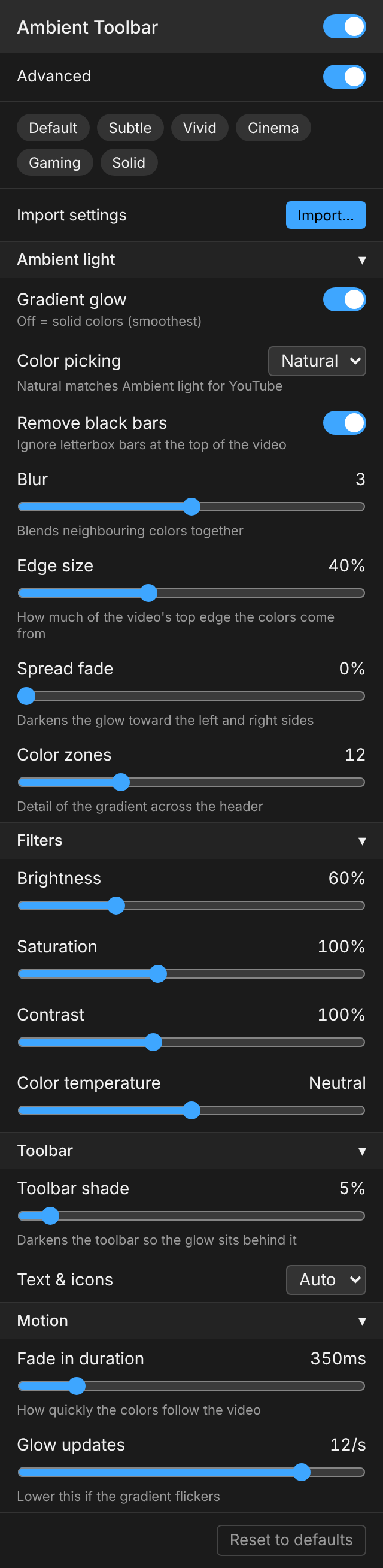The Ambient Toolbar settings panel, with sections for Ambient light, Filters, Toolbar and Motion